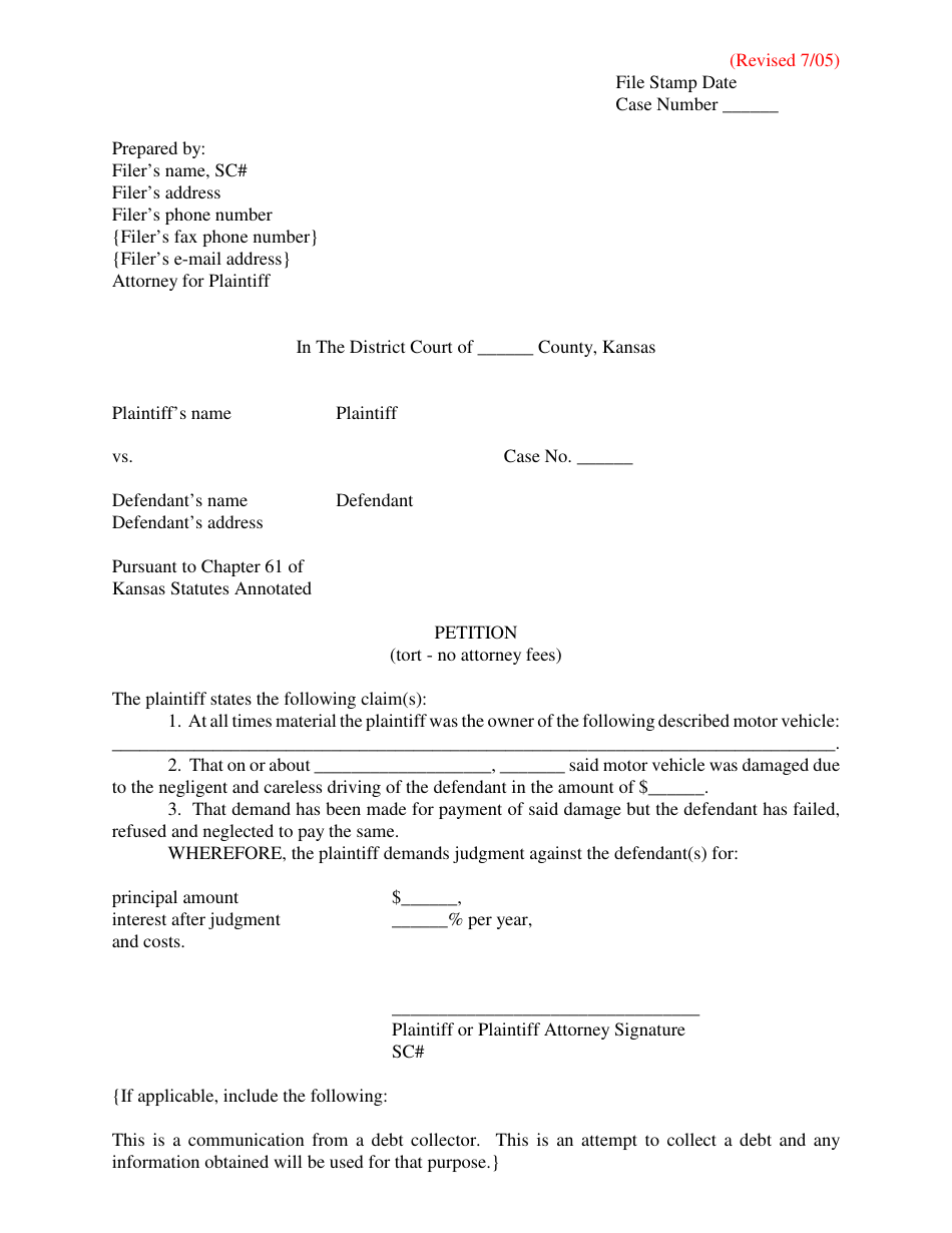 Petition (Tort - No Attorney Fees) - Kansas, Page 1