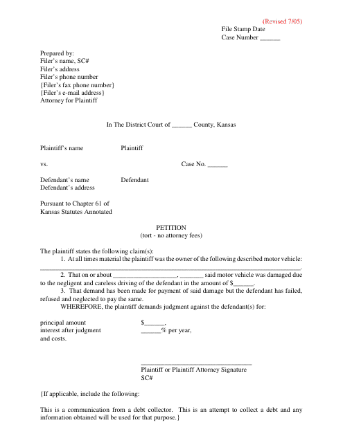Petition (Tort - No Attorney Fees) - Kansas Download Pdf