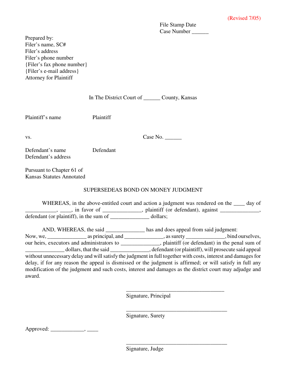 Supersedeas Bond on Money Judgment - Kansas, Page 1