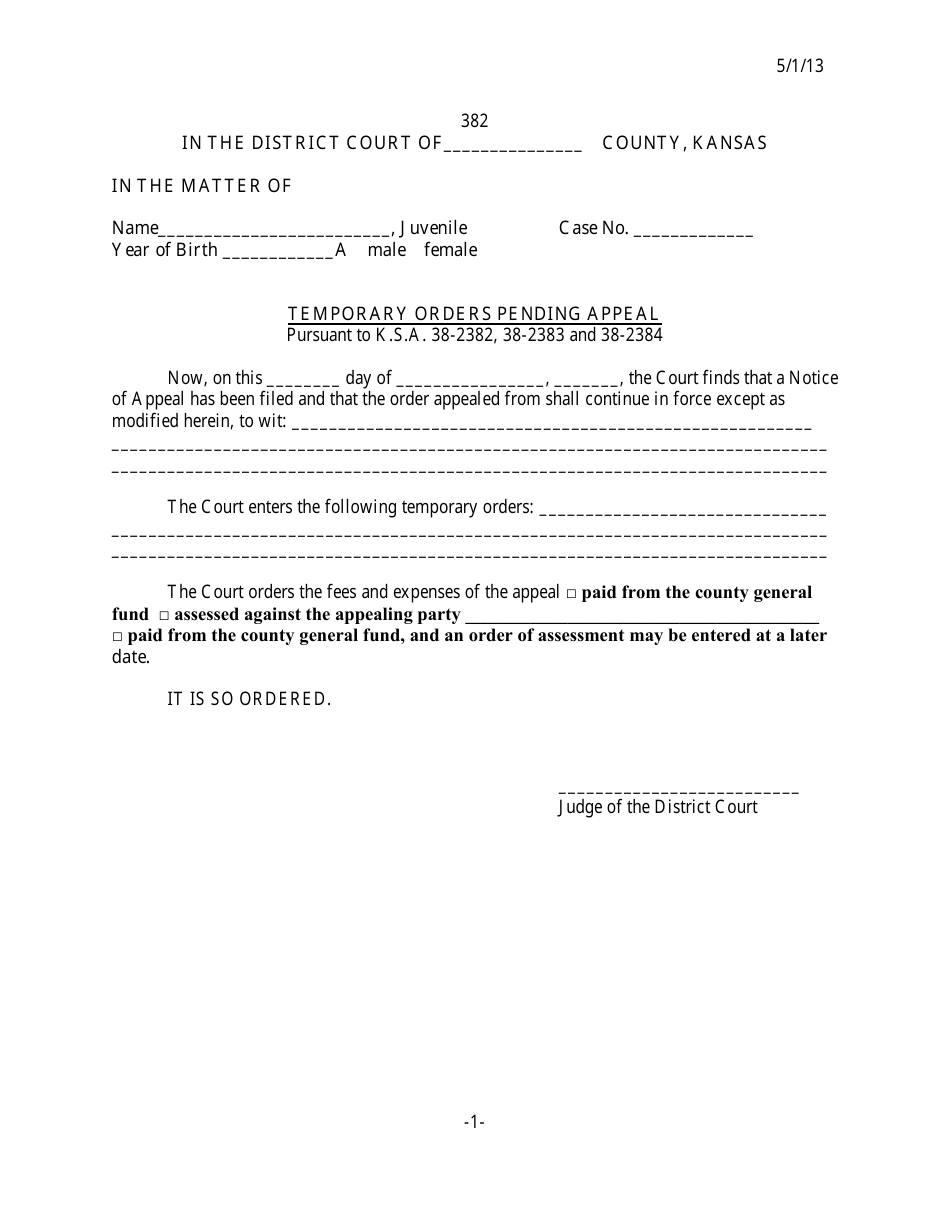 Form 382 Temporary Orders Pending Appeal - Kansas, Page 1