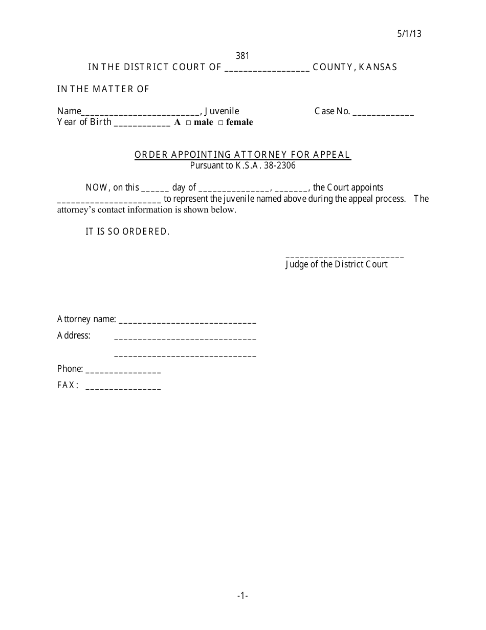 Form 381 Order Appointing Attorney for Appeal - Kansas, Page 1