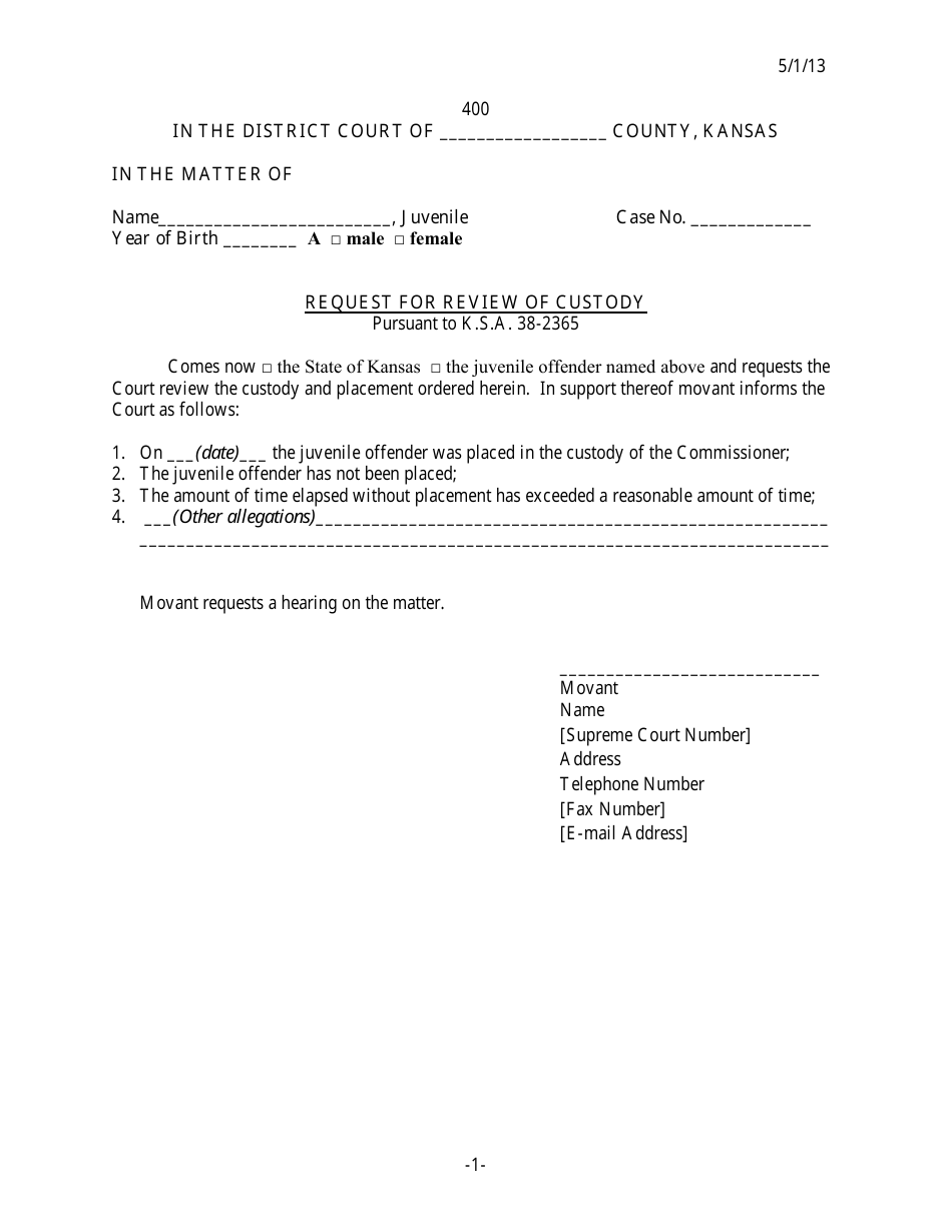 Form 400 Request for Review of Custody - Kansas, Page 1