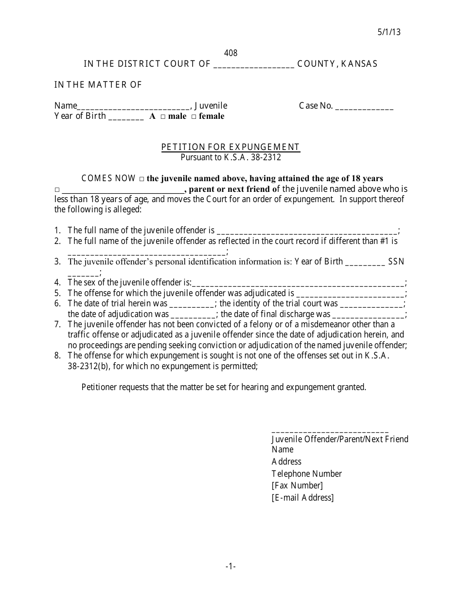 Form 408 Petition for Expungement - Kansas, Page 1