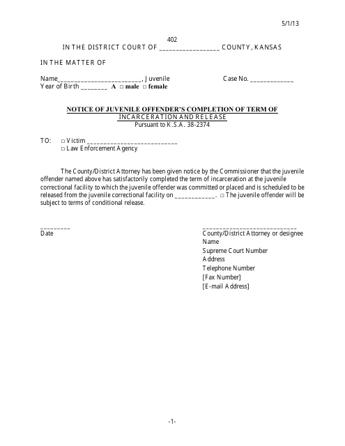 Form 402 Notice of Juvenile Offender's Completion of Term of Incarceration and Release - Kansas