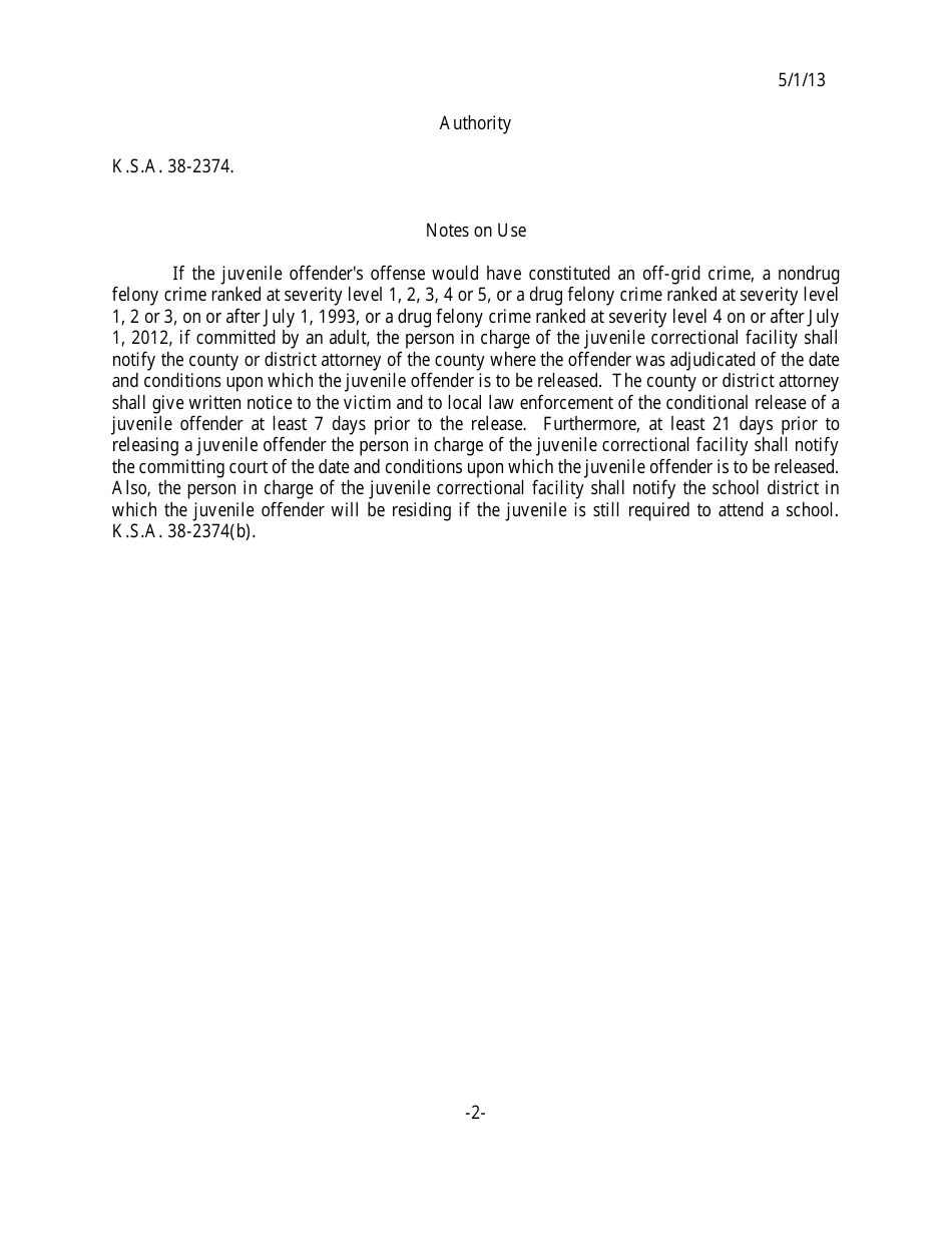 Form 402 Notice of Juvenile Offenders Completion of Term of Incarceration and Release - Kansas, Page 2