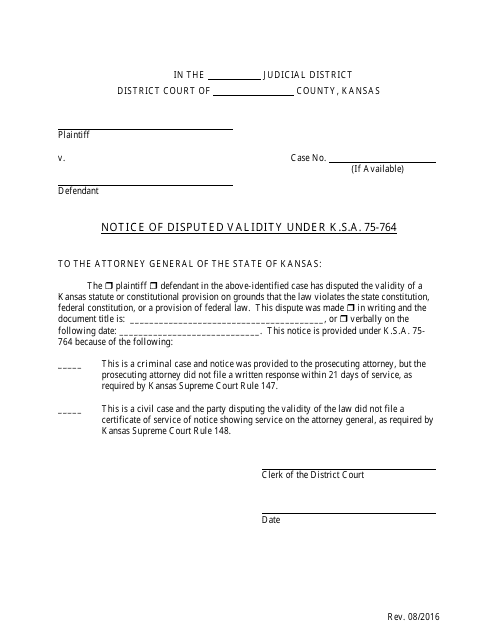 Notice of Disputed Validity Under K.s.a. 75-764 - Kansas