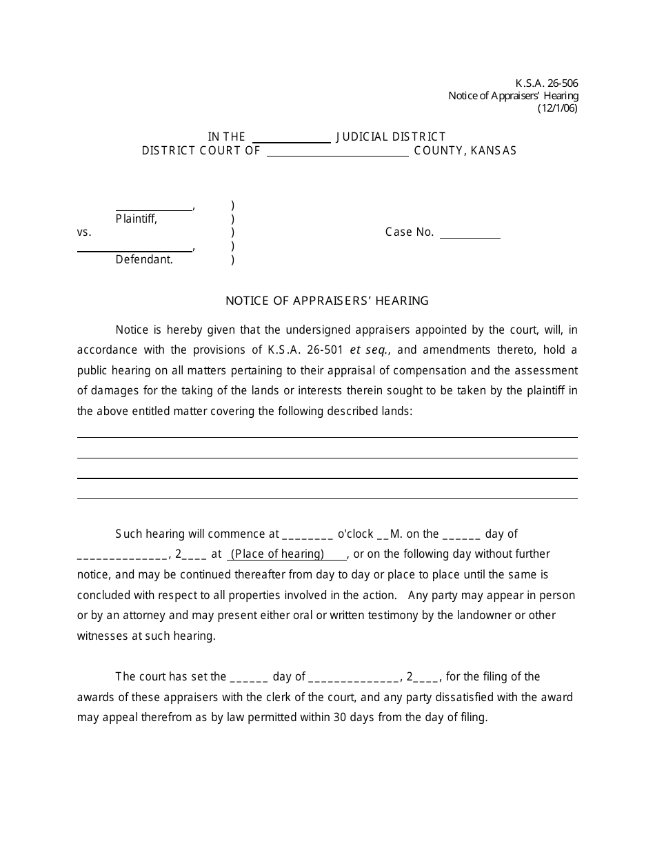 Notice of Appraisers Hearing - Kansas, Page 1