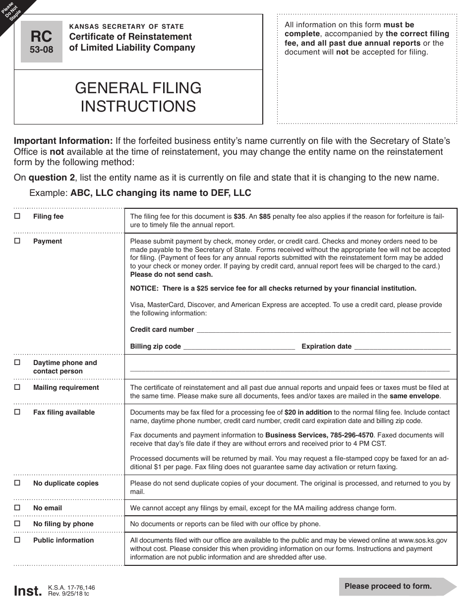 Form RC53-08 Certificate of Reinstatement of Limited Liability Company - Kansas, Page 1