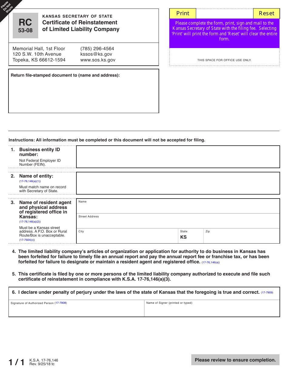 Form RC53-08 Certificate of Reinstatement of Limited Liability Company - Kansas, Page 3