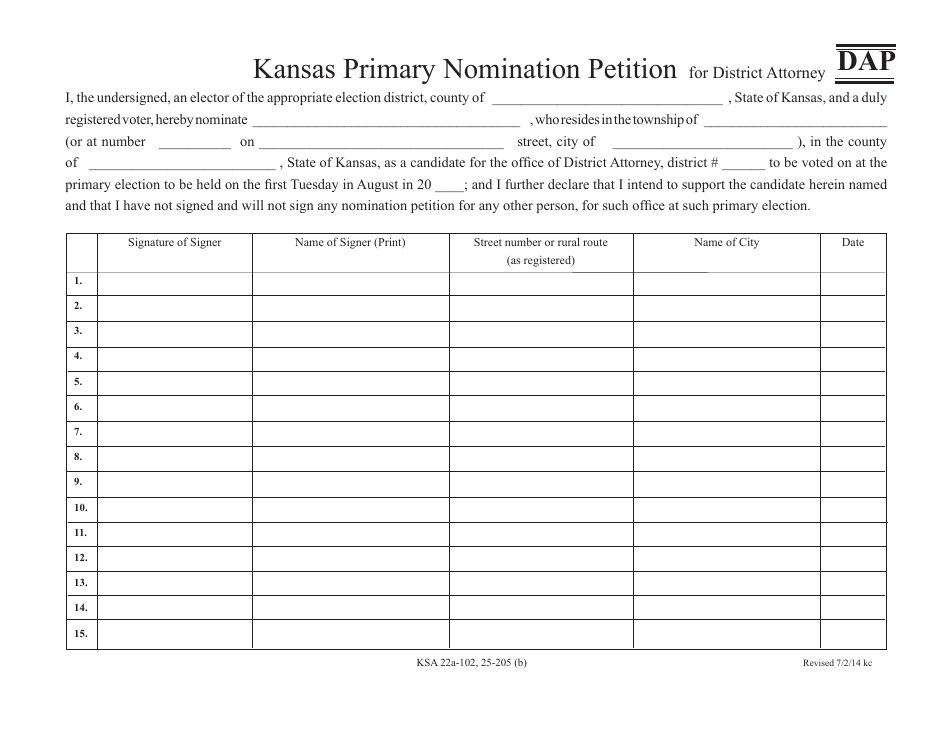 Form DAP Kansas Primary Nomination Petition for District Attorney - Kansas, Page 1