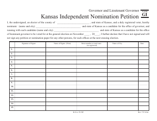 Form GI Kansas Independent Nomination Petition - Governor and Lieutenant Governor - Kansas