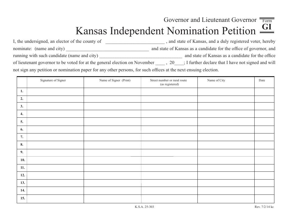 Form GI Kansas Independent Nomination Petition - Governor and Lieutenant Governor - Kansas, Page 1