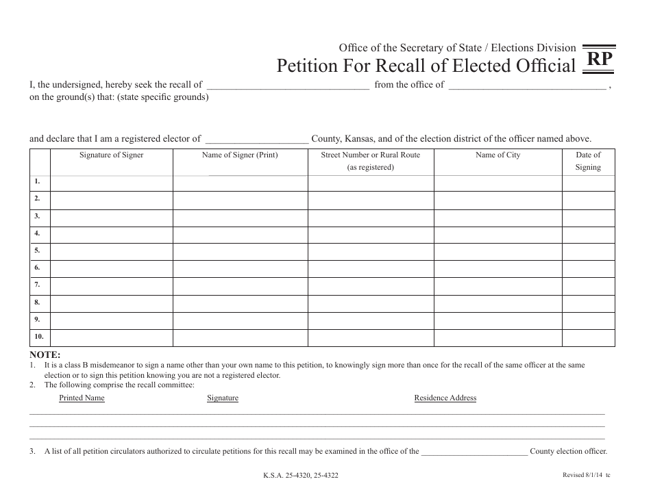 Form RP Petition for Recall of Elected Official - Kansas, Page 1