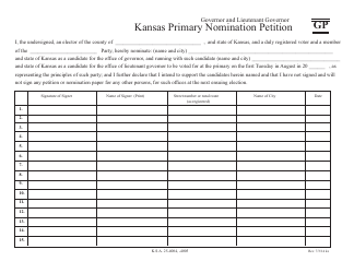 Document preview: Form GP Kansas Primary Nomination Petition - Governor and Lieutenant Governor - Kansas