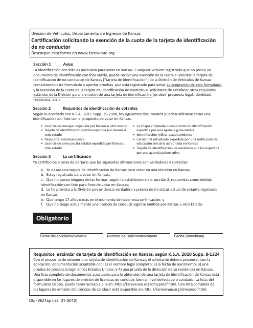 Formulario DE-VID1SP Certificacion Solicitando La Exencion De La Cuota De La Tarjeta De Identificacion De No Conductor - Kansas (Spanish)