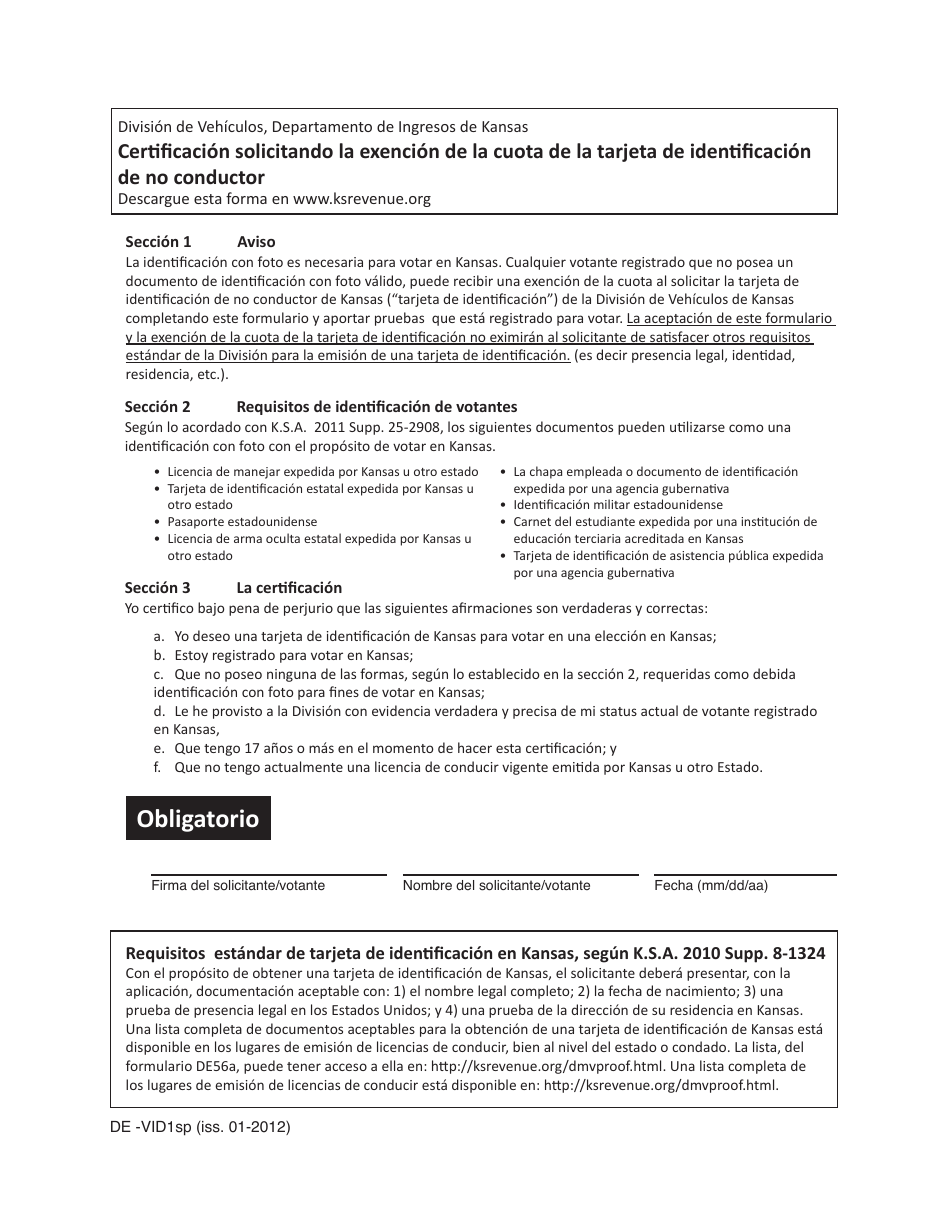 Formulario DE-VID1SP Certificacion Solicitando La Exencion De La Cuota De La Tarjeta De Identificacion De No Conductor - Kansas (Spanish), Page 1