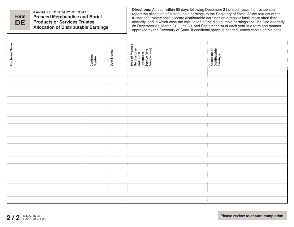 Form DE Preneed Merchandise and Burial Products or Services Trustee Allocation of Distributable Earnings - Kansas, Page 2