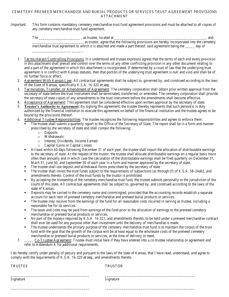 Form MTF Cemetery Preneed Merchandise and Burial Products or Services Trust Agreement Provisions Attachment - Kansas, Page 1
