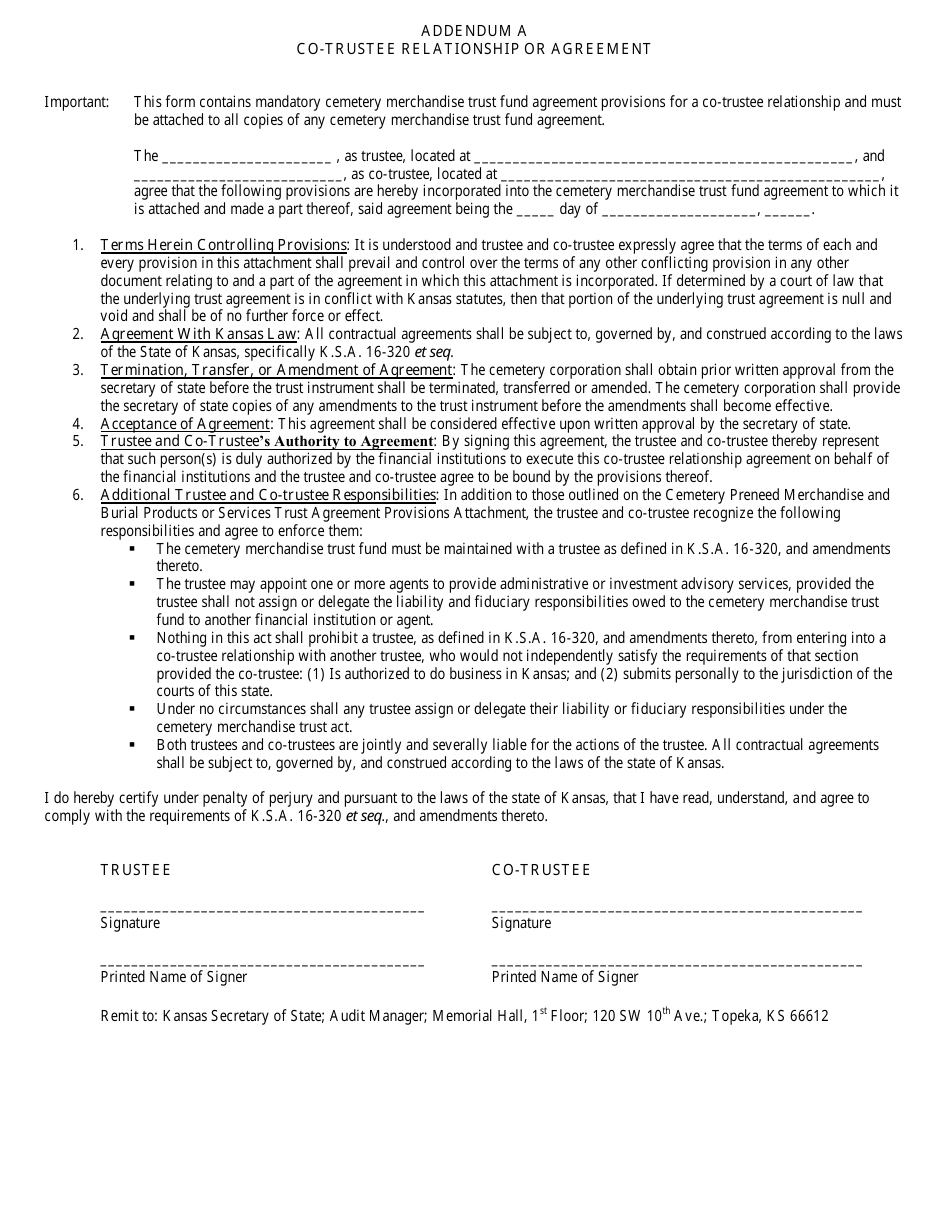 Form MTF Cemetery Preneed Merchandise and Burial Products or Services Trust Agreement Provisions Attachment - Kansas, Page 3
