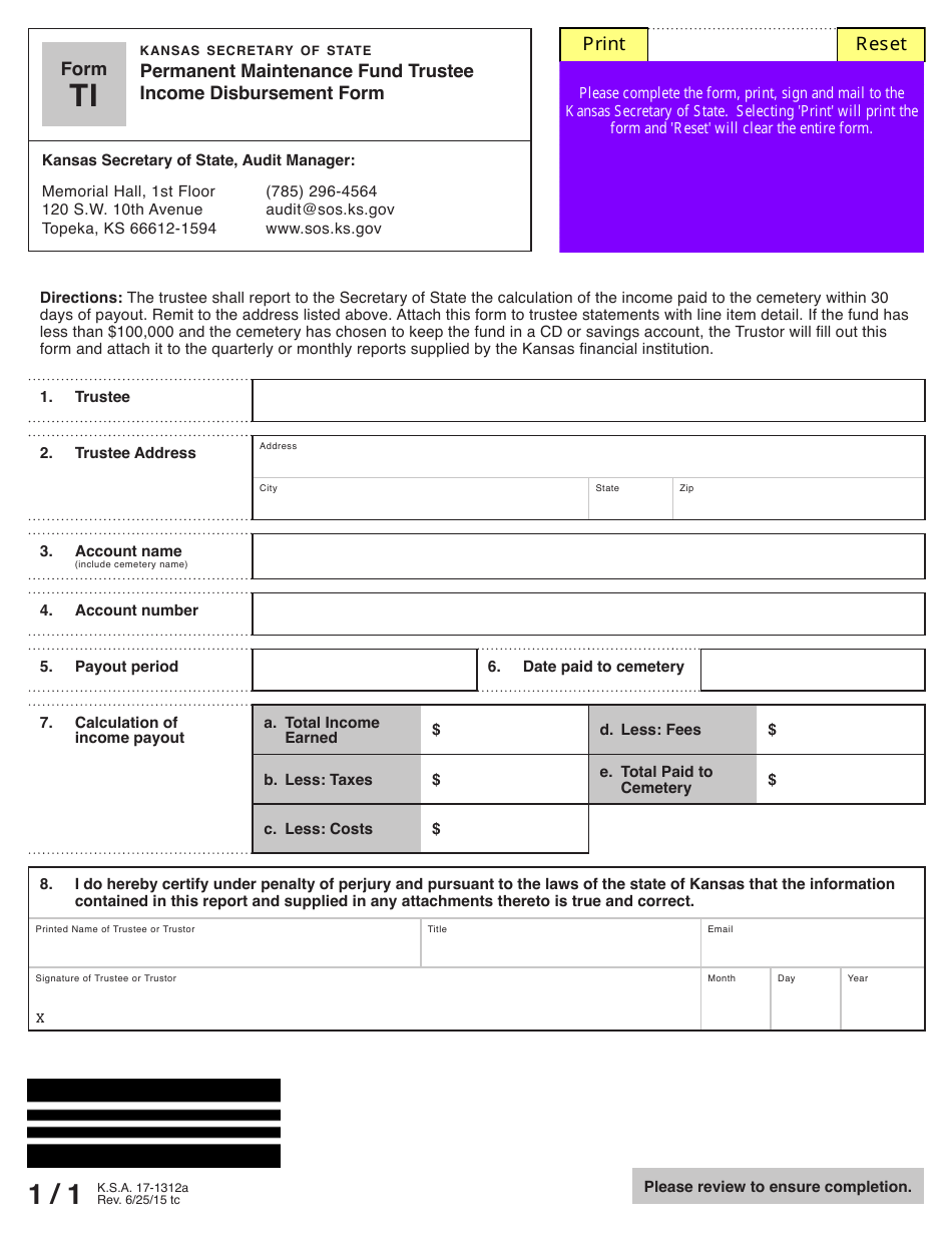 Form TI Permanent Maintenance Fund Trustee Income Disbursement Form - Kansas, Page 1