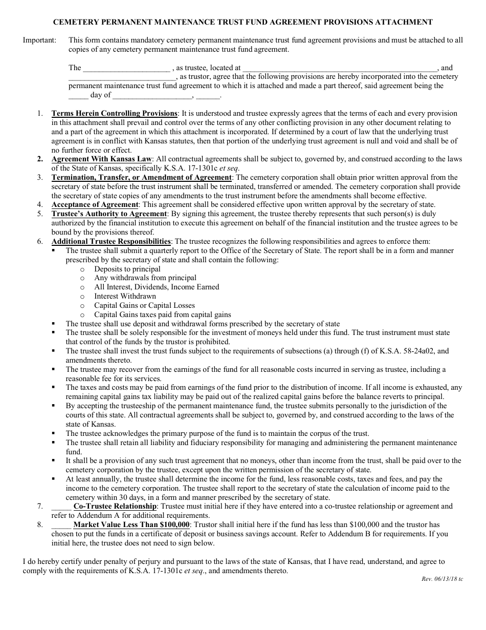 Form PMF Cemetery Permanent Maintenance Trust Fund Agreement Provisions Attachment - Kansas, Page 1