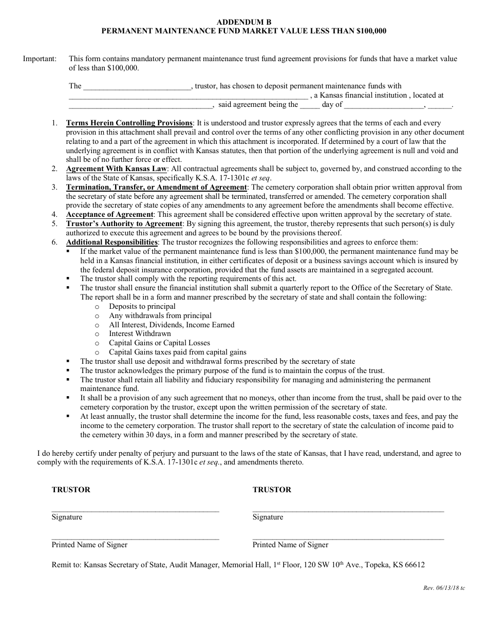 Form PMF Cemetery Permanent Maintenance Trust Fund Agreement Provisions Attachment - Kansas, Page 4