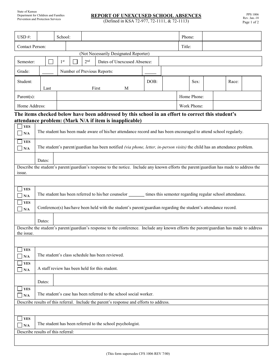 Form PPS1006 Report of Unexcused School Absences - Kansas, Page 1