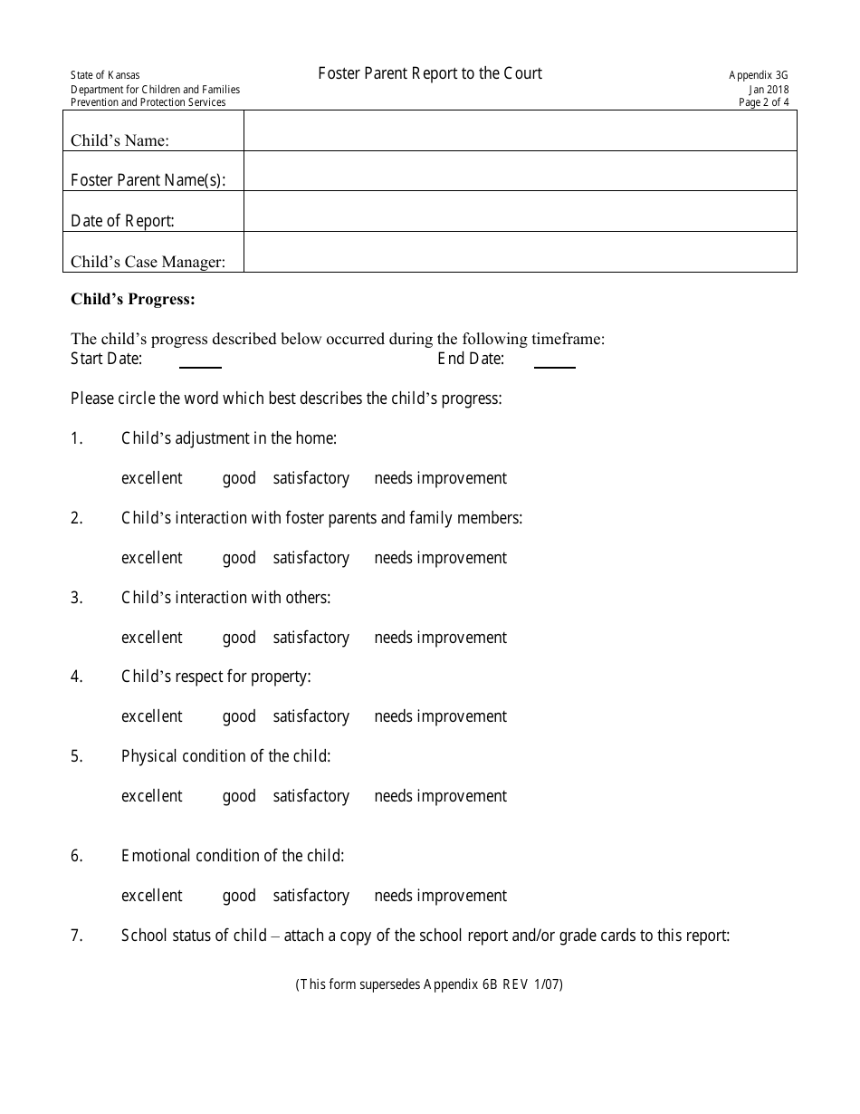 Appendix 3G Foster Parent Report to the Court - Kansas, Page 2