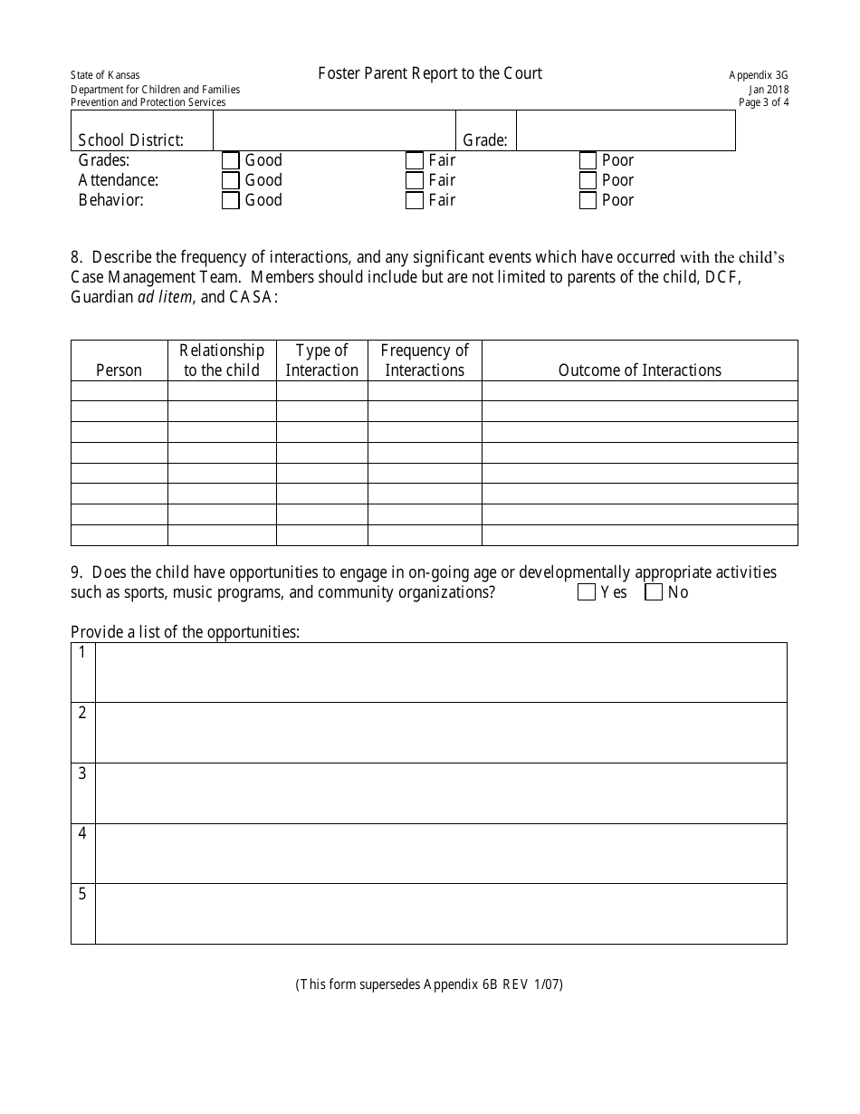 Appendix 3G Foster Parent Report to the Court - Kansas, Page 3