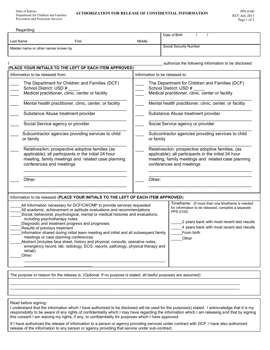 Form PPS0100 Authorization for Release of Confidential Information - Kansas, Page 1