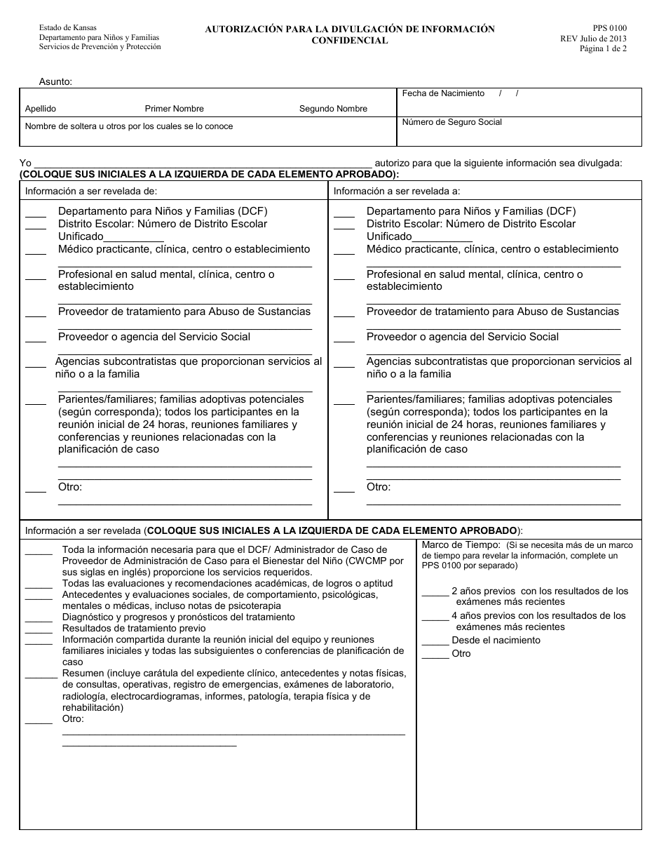 Formulario PPS0100 Autorizacion Para La Divulgacion De Informacion Confidencial - Kansas (Spanish), Page 1