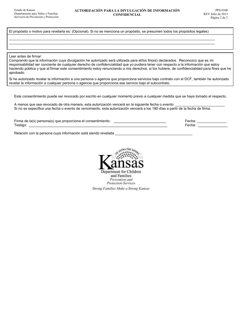 Formulario PPS0100 Autorizacion Para La Divulgacion De Informacion Confidencial - Kansas (Spanish), Page 2