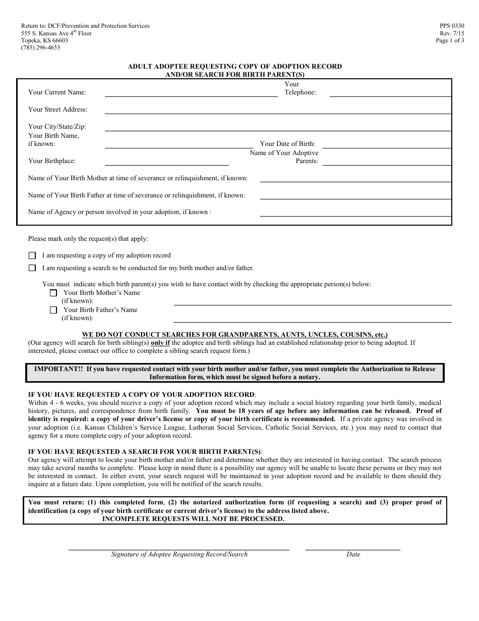 Form PPS0330 Adult Adoptee Requesting Copy of Adoption Record and / or Search for Birth Parent(S) - Kansas, Page 1