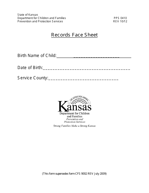Form PPS0410 Records Face Sheet - Kansas