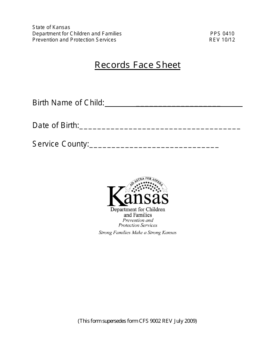 Form PPS0410 Records Face Sheet - Kansas, Page 1