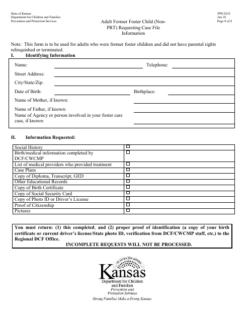Form PPS0332 Adult Former Foster Child (Non-prt) Requesting Case File Information - Kansas