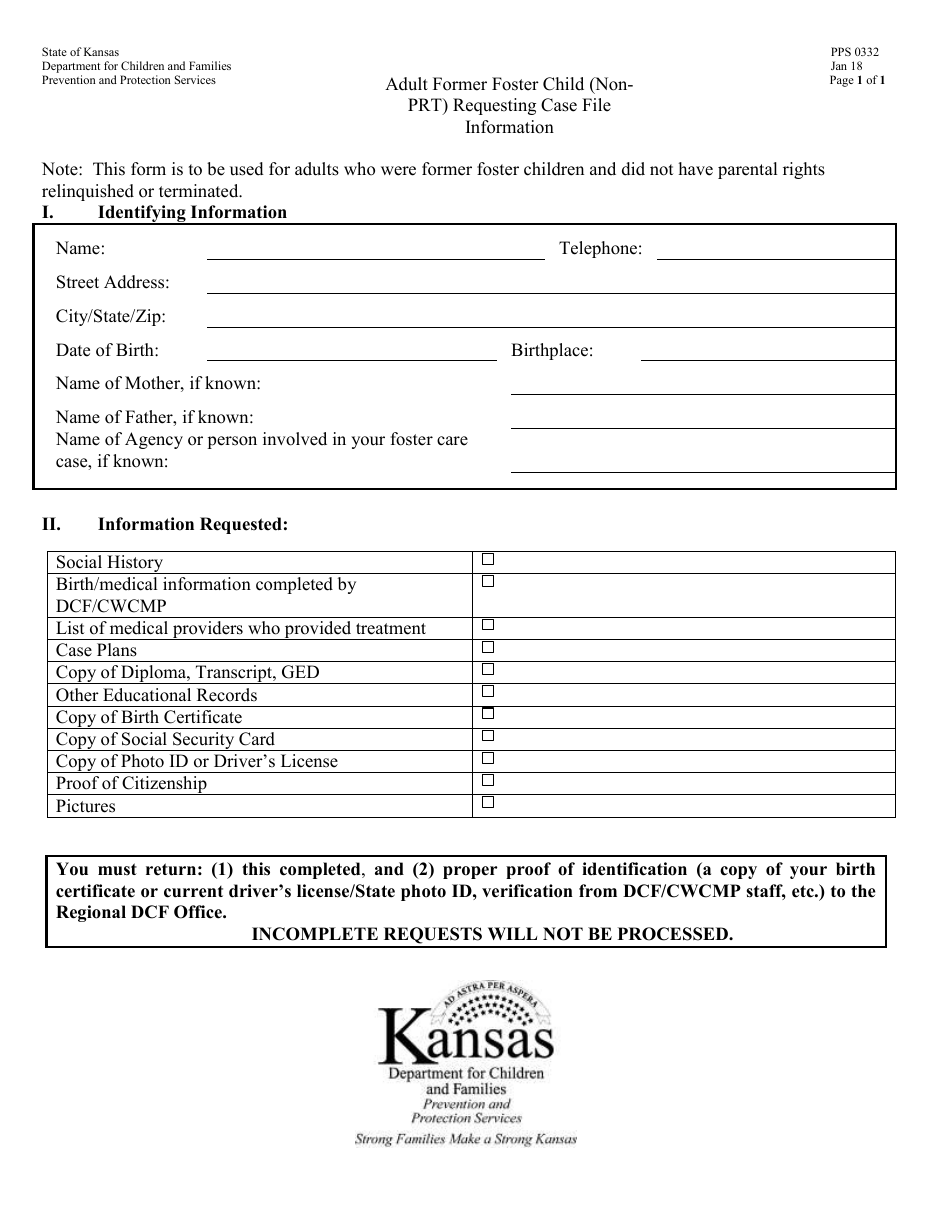 Form PPS0332 Adult Former Foster Child (Non-prt) Requesting Case File Information - Kansas, Page 1