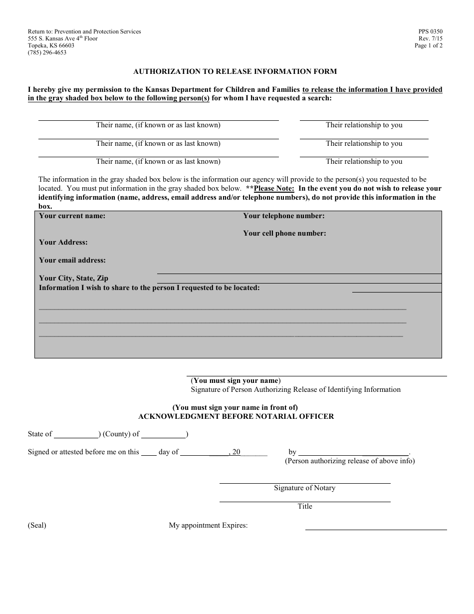 Form PPS0350 Authorization to Release Information Form - Kansas, Page 1