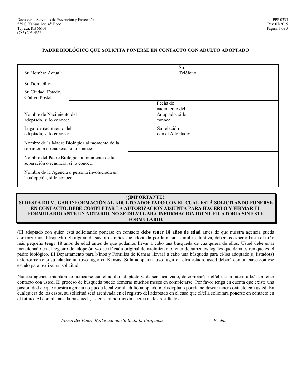 Formulario PPS0335 Download Printable PDF or Fill Online Padre Biologico Que  Solicita Ponerse En Contacto Con Adulto Adoptado Kansas (Spanish) |  Templateroller