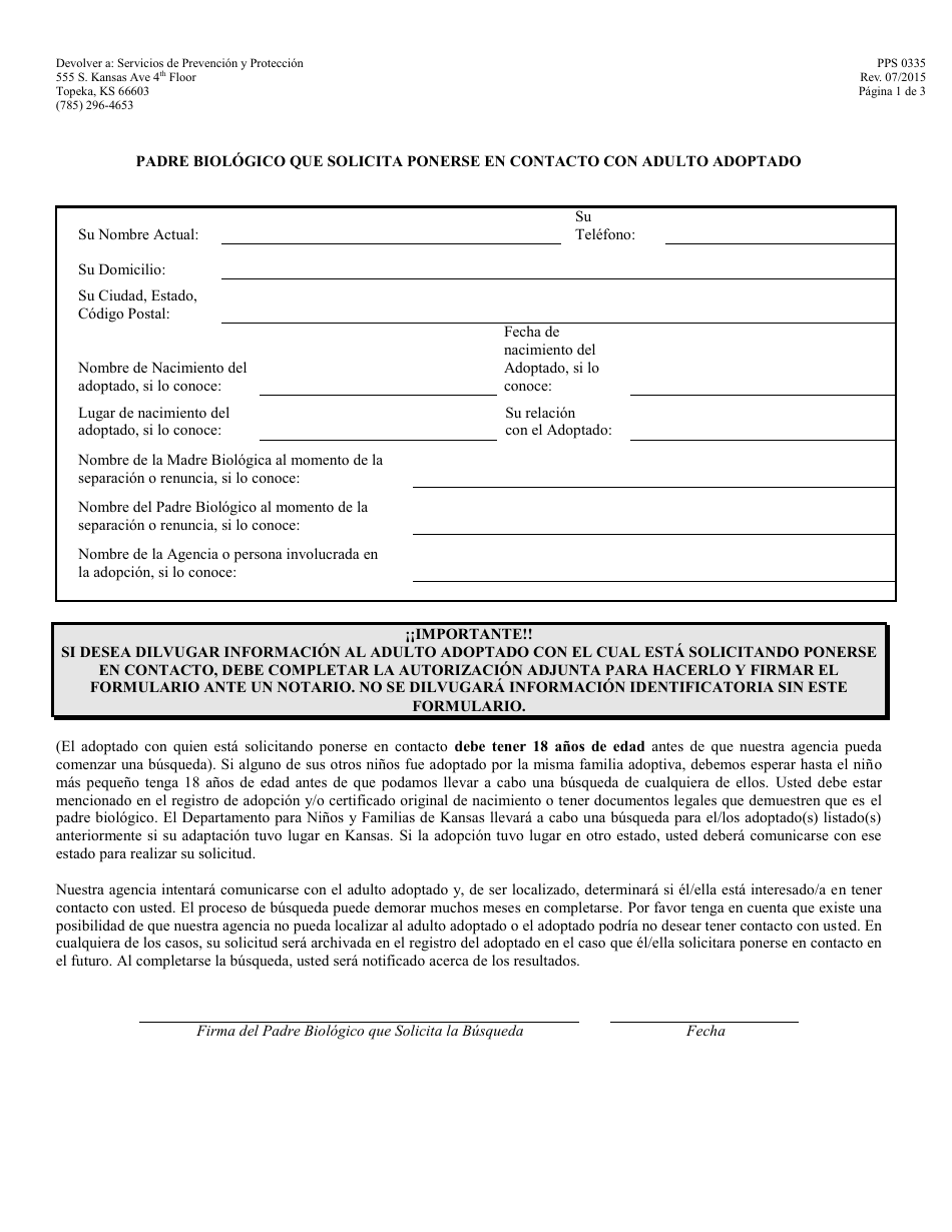 Formulario PPS0335 Padre Biologico Que Solicita Ponerse En Contacto Con Adulto Adoptado - Kansas (Spanish), Page 1