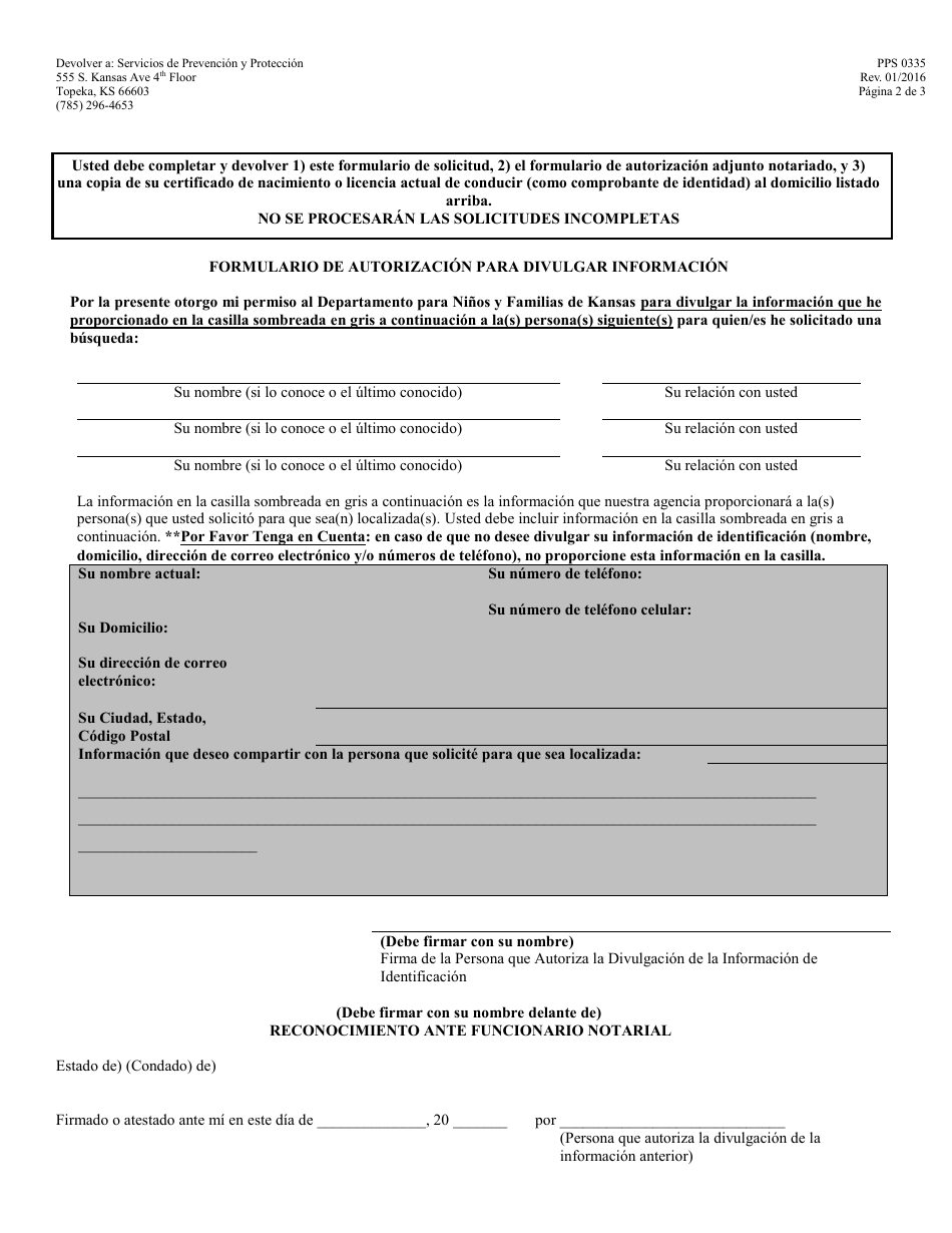 Formulario PPS0335 Padre Biologico Que Solicita Ponerse En Contacto Con Adulto Adoptado - Kansas (Spanish), Page 2