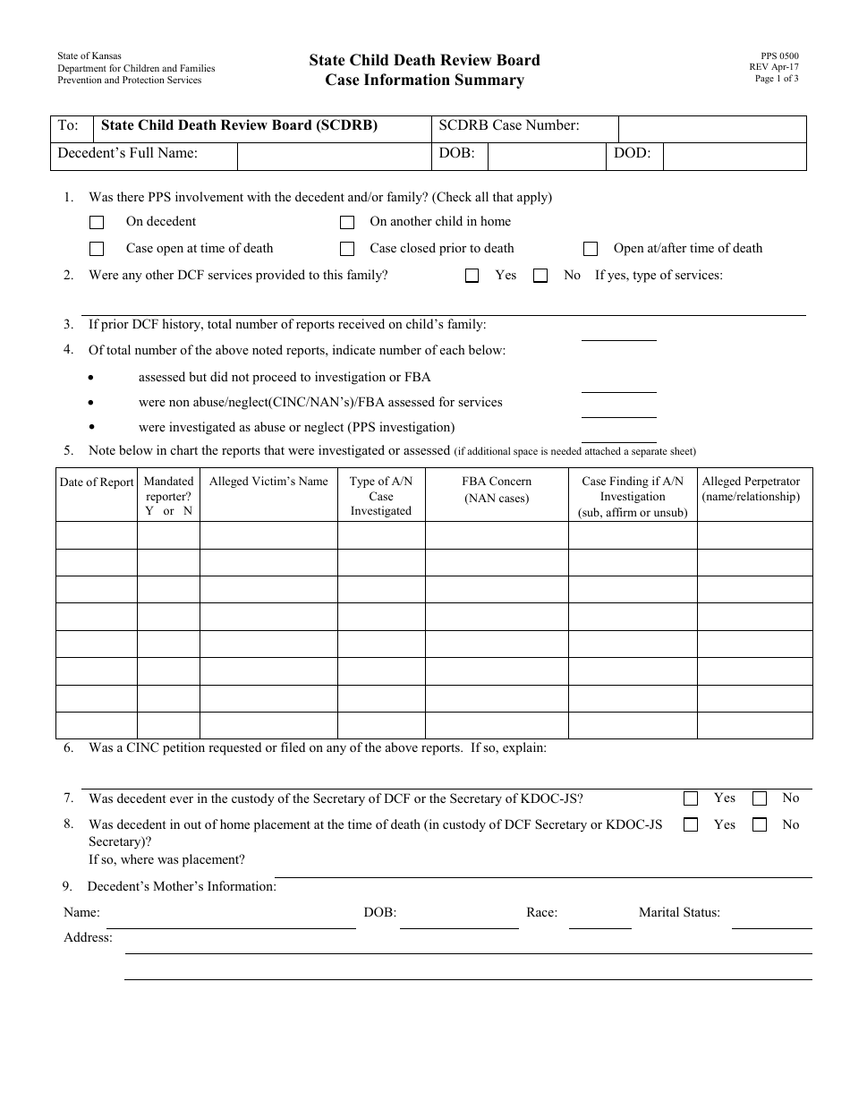 Form PPS0500 Case Information Summary - State Child Death Review Board - Kansas, Page 1
