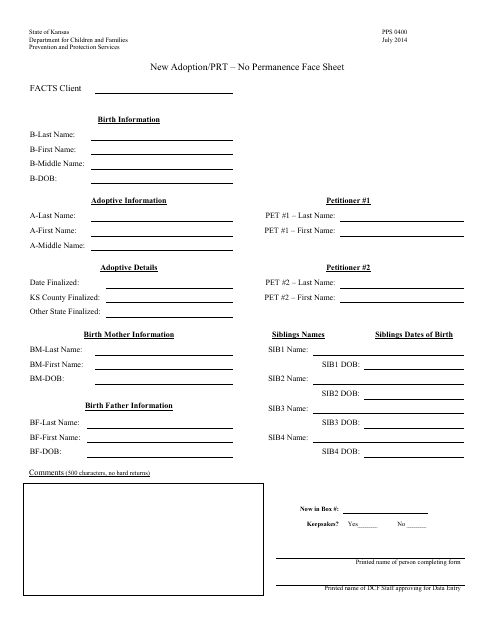Form PPS0400 New Adoption/Prt - No Permanence Face Sheet - Kansas