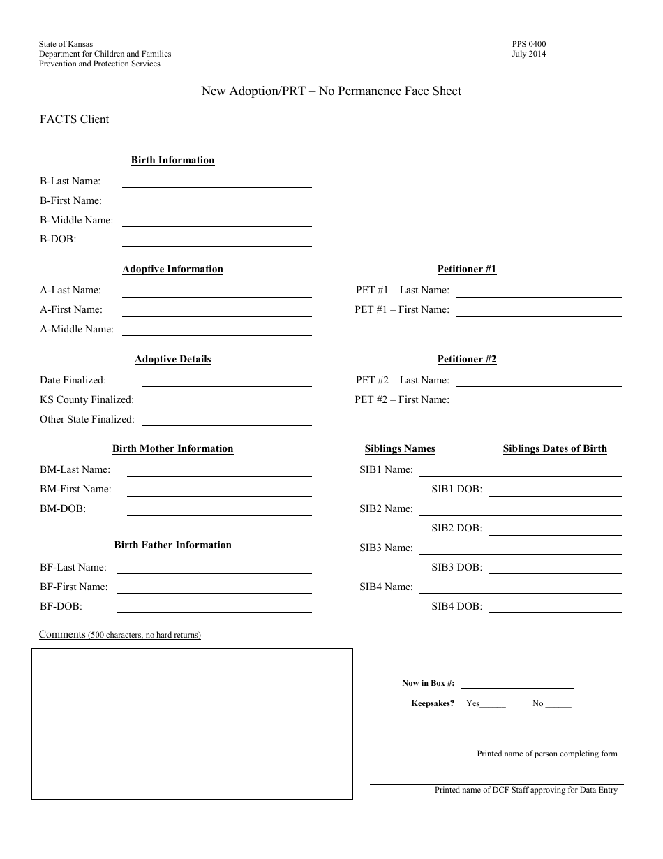 Form PPS0400 New Adoption / Prt - No Permanence Face Sheet - Kansas, Page 1