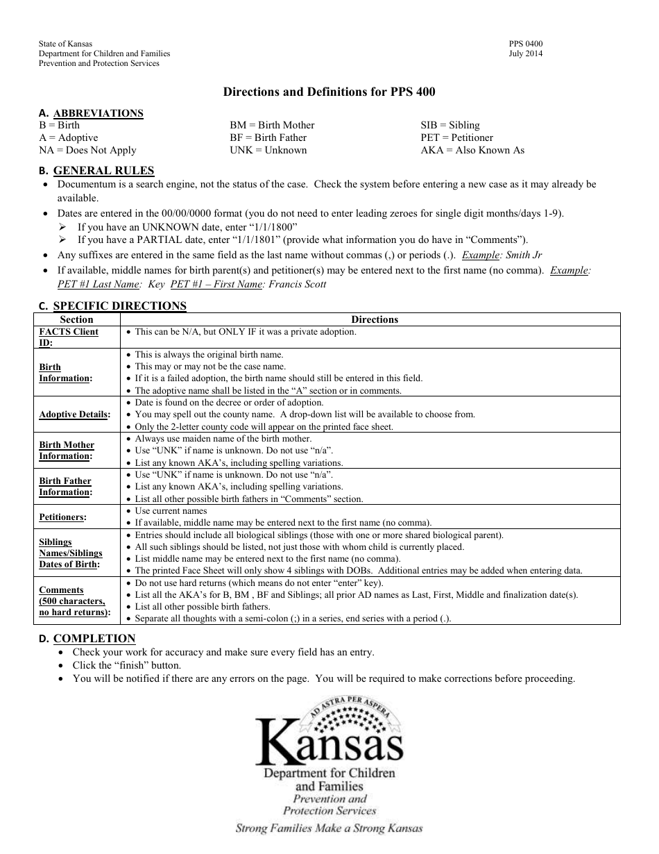 Form PPS0400 New Adoption / Prt - No Permanence Face Sheet - Kansas, Page 2