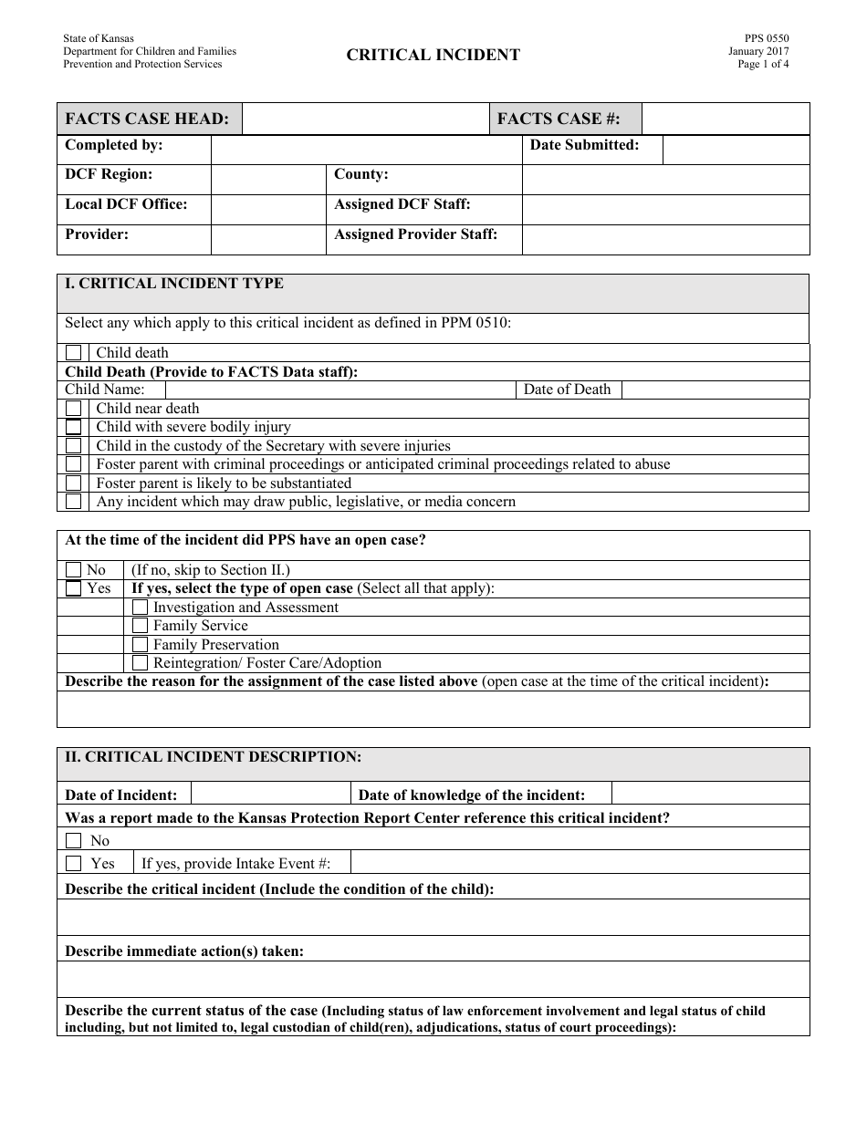 Form PPS0550 Critical Incident - Kansas, Page 1