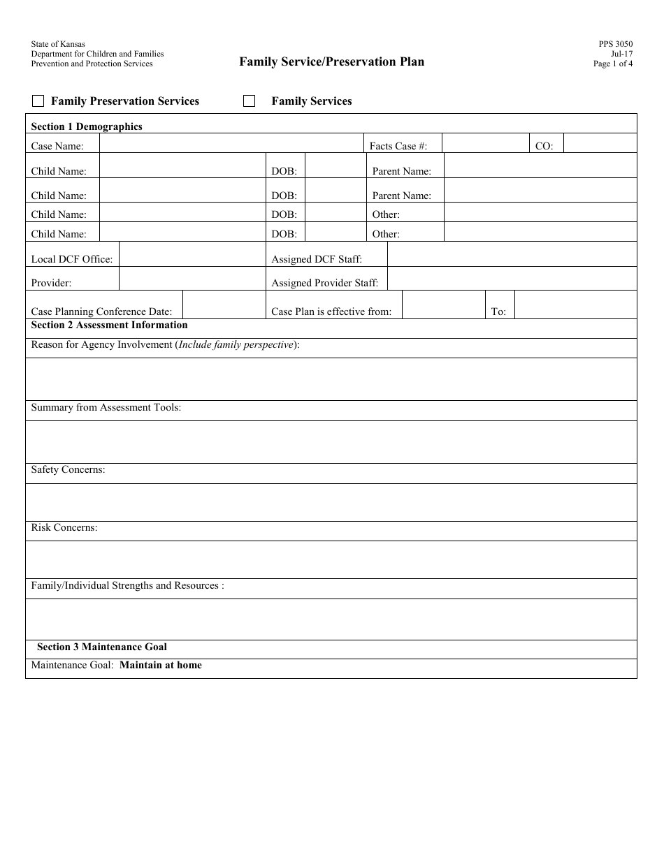 Form PPS3050 Family Service / Preservation Plan - Kansas, Page 1