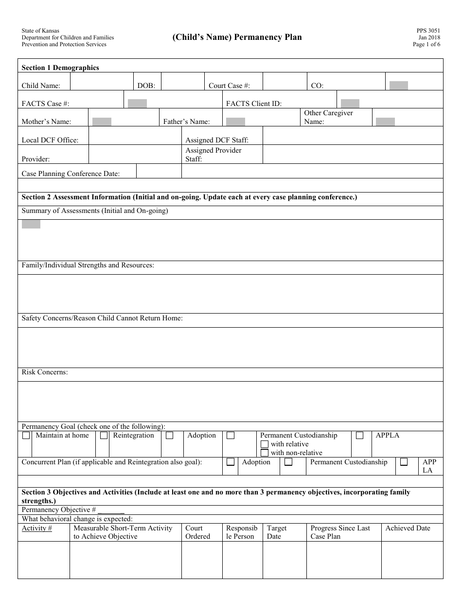 Form PPS3051 (Childs Name) Permanency Plan - Kansas, Page 1