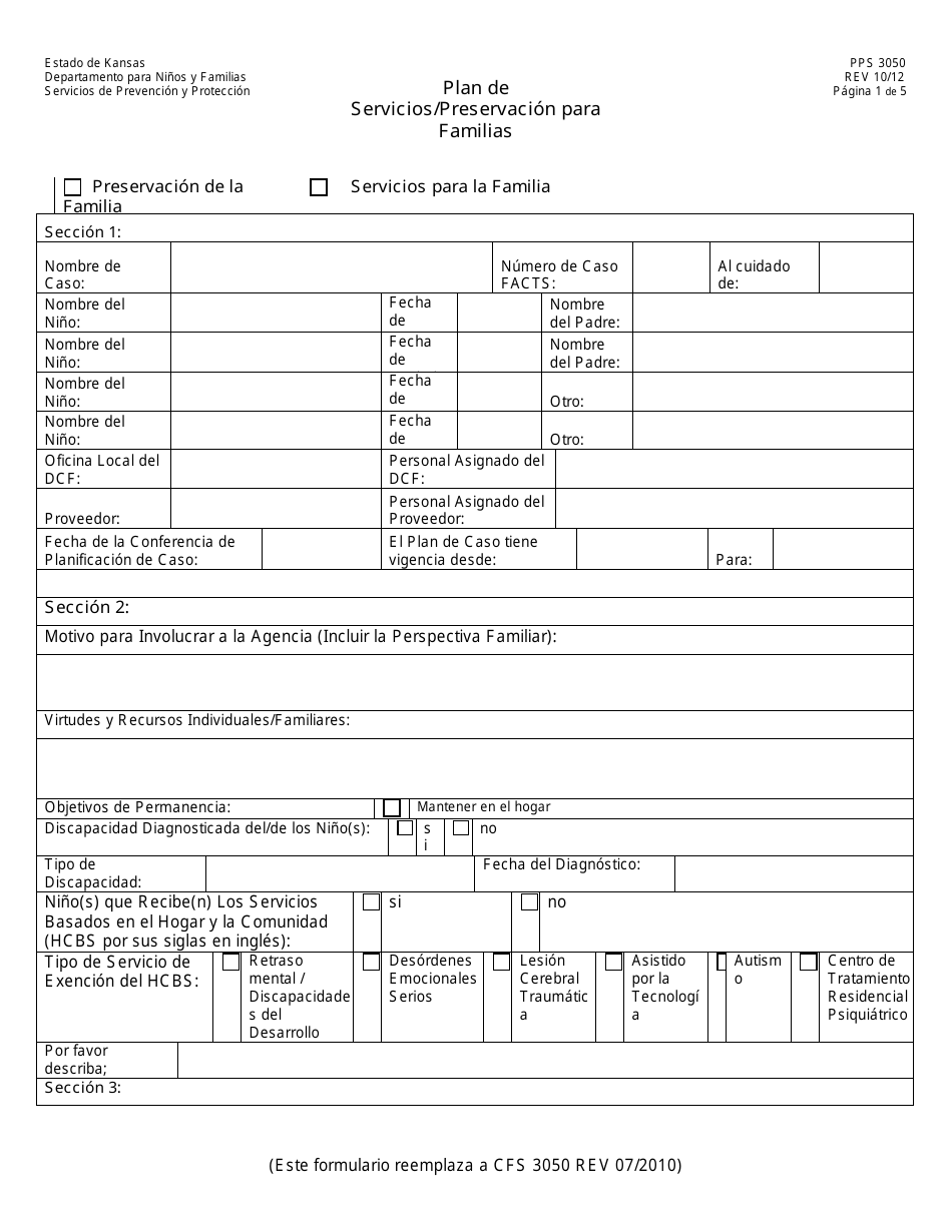 Formulario PPS3050 Plan De Servicios / Preservacion Para Familias - Kansas (Spanish), Page 1