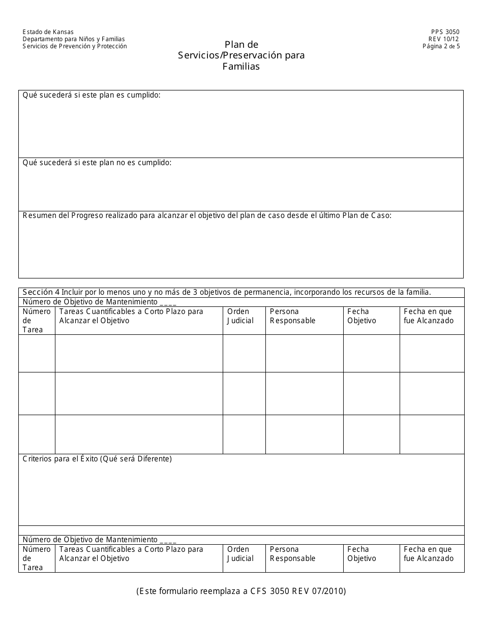 Formulario PPS3050 Plan De Servicios / Preservacion Para Familias - Kansas (Spanish), Page 2